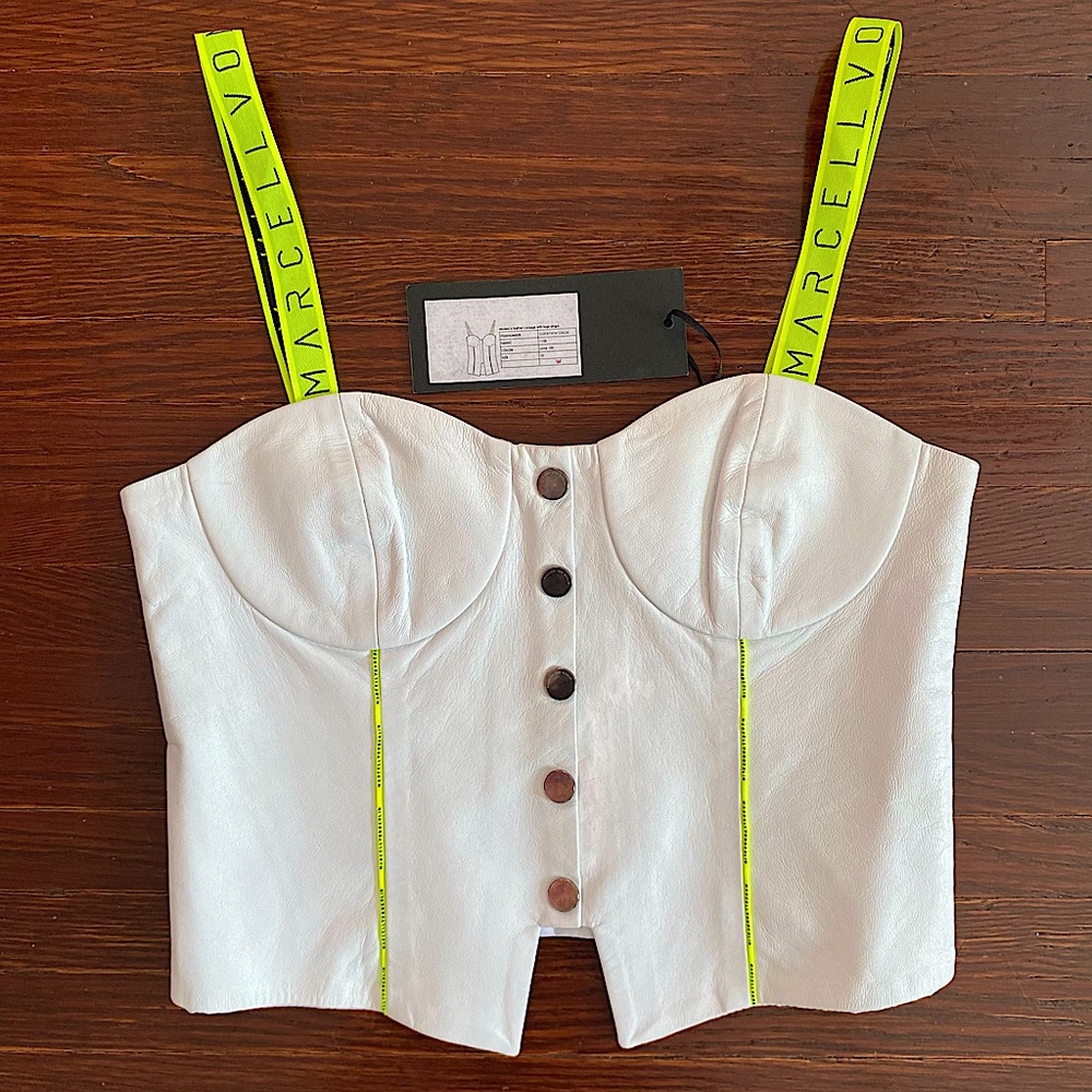 MVB white leather corset with high lighter yellow straps in size Eu 36